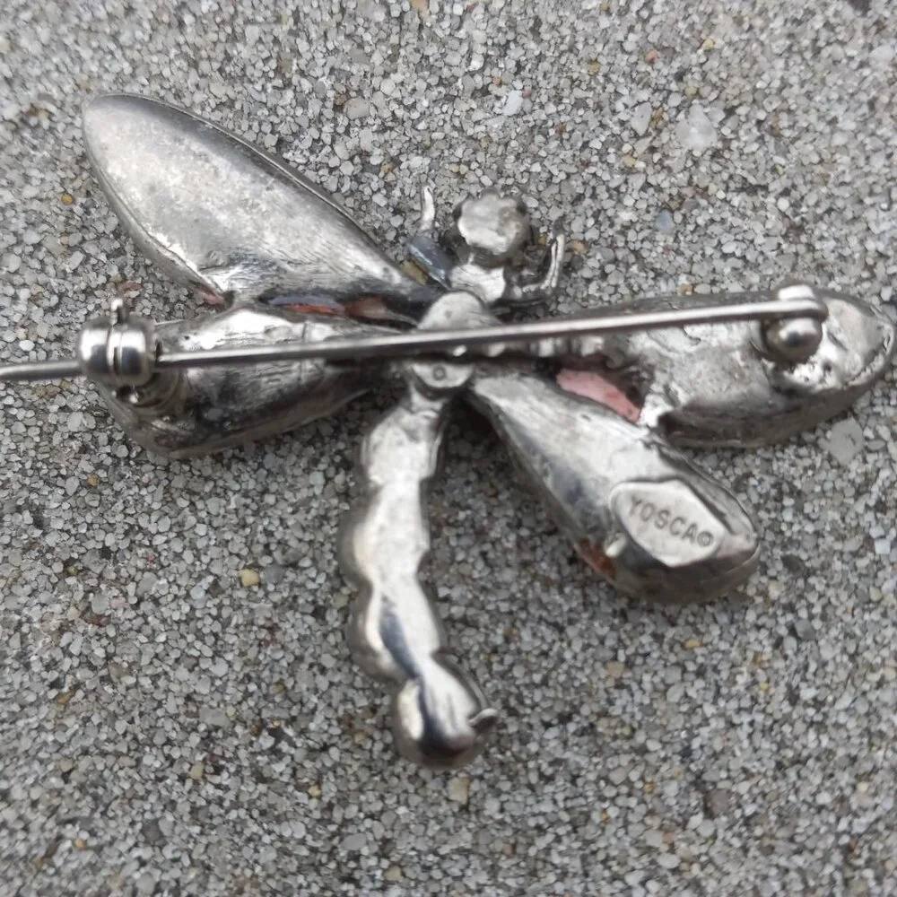 Gerard Yosca Brooch Figural  Vintage Enamel Dragonfly in Silver, Orange + White